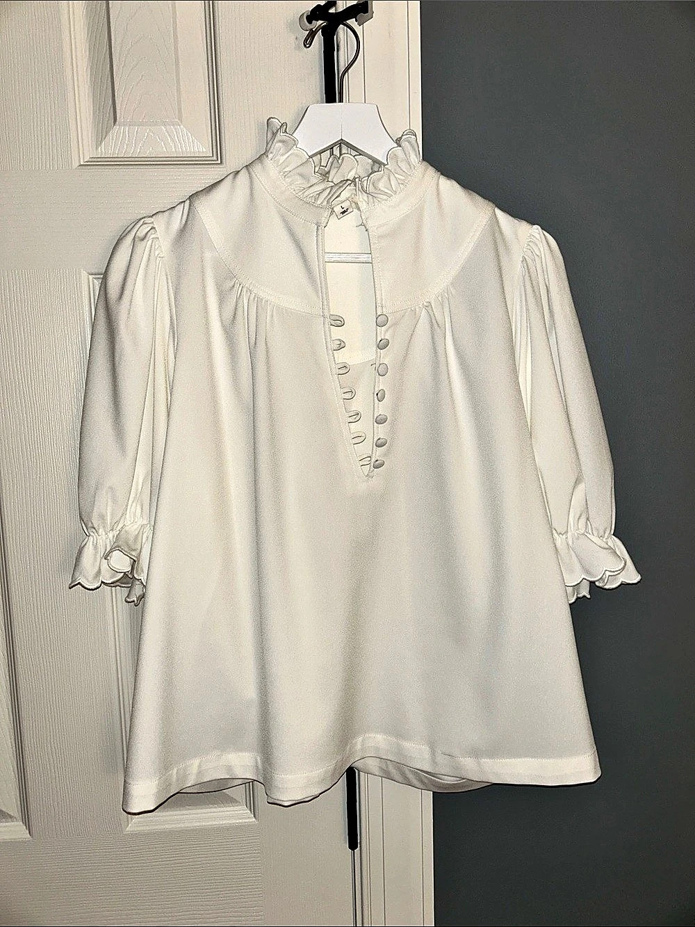 POMANDÈR PLACE Ruffle Collar Puff Sleeve Blouse in White Size Large